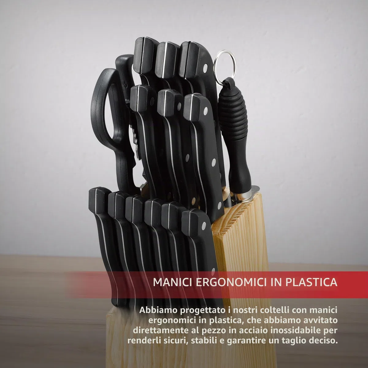 RENBERG Tenessy | Coltelli da Cucina | Set Completo di 15 Pezzi con Ceppo di Legno | Perfetti per Tagliare Ogni Ingrediente | Cucina Professionale | Fabbricati in Acciaio Inox