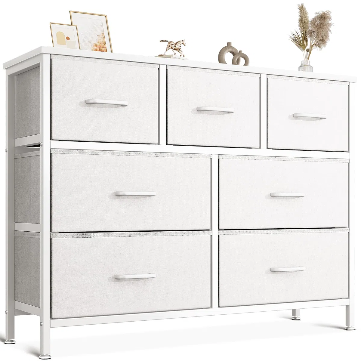 Coleshome Cassettiera Camera da Letto con 7 Cassetti in Tessuto, Realizzata con una Robusta Struttura in Acciaio e Gambe Regolabili. Adatta per Camera da Letto e Soggiorno, 100 x 30 x 77 cm, Bianco