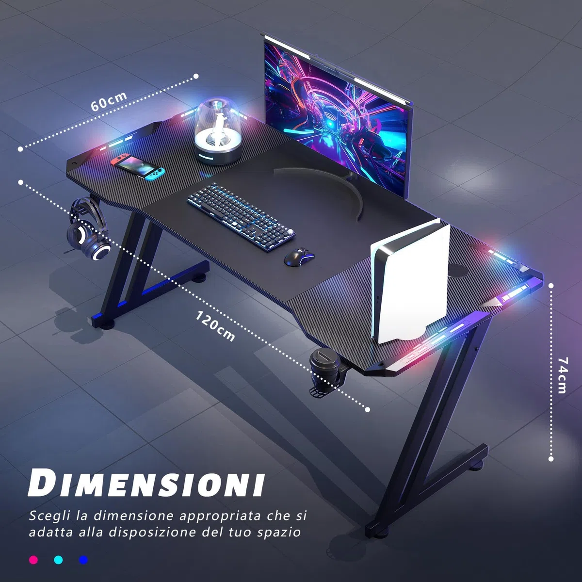 HLONONE 120 x 60 cm Scrivania Gaming LED, Tavolo Gaming Ergonomica, Postazione Gamer con Piano del Tavolo in Fibra di Carbonio, Scrivania per Computer con Porta Bicchiere e Ganci per Cuffie, Nero