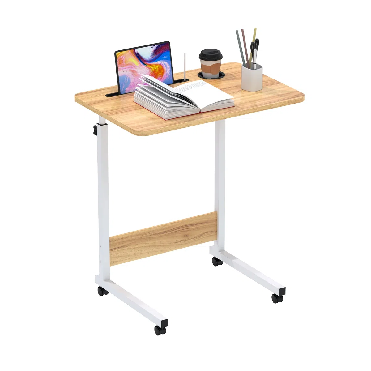 PIPIPOXER Scrivania per Computer, 60x40cm Tavolino Rotante Con Freno, Slot per PC per Tablet Cellulare, Slot per Tazza, Scrivania Mobile Regolabile in Altezza 69-90cm per PC per Tablet Cellulare,Legno