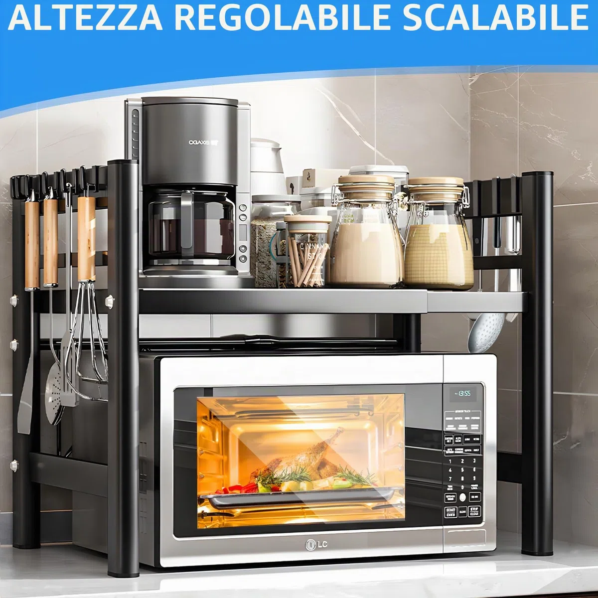 Mensola espandibile a 2 livelli, per microonde, per cucina, con 6 ganci, flessibile, allungabile da 40 a 64 cm, organizer da cucina, colore nero