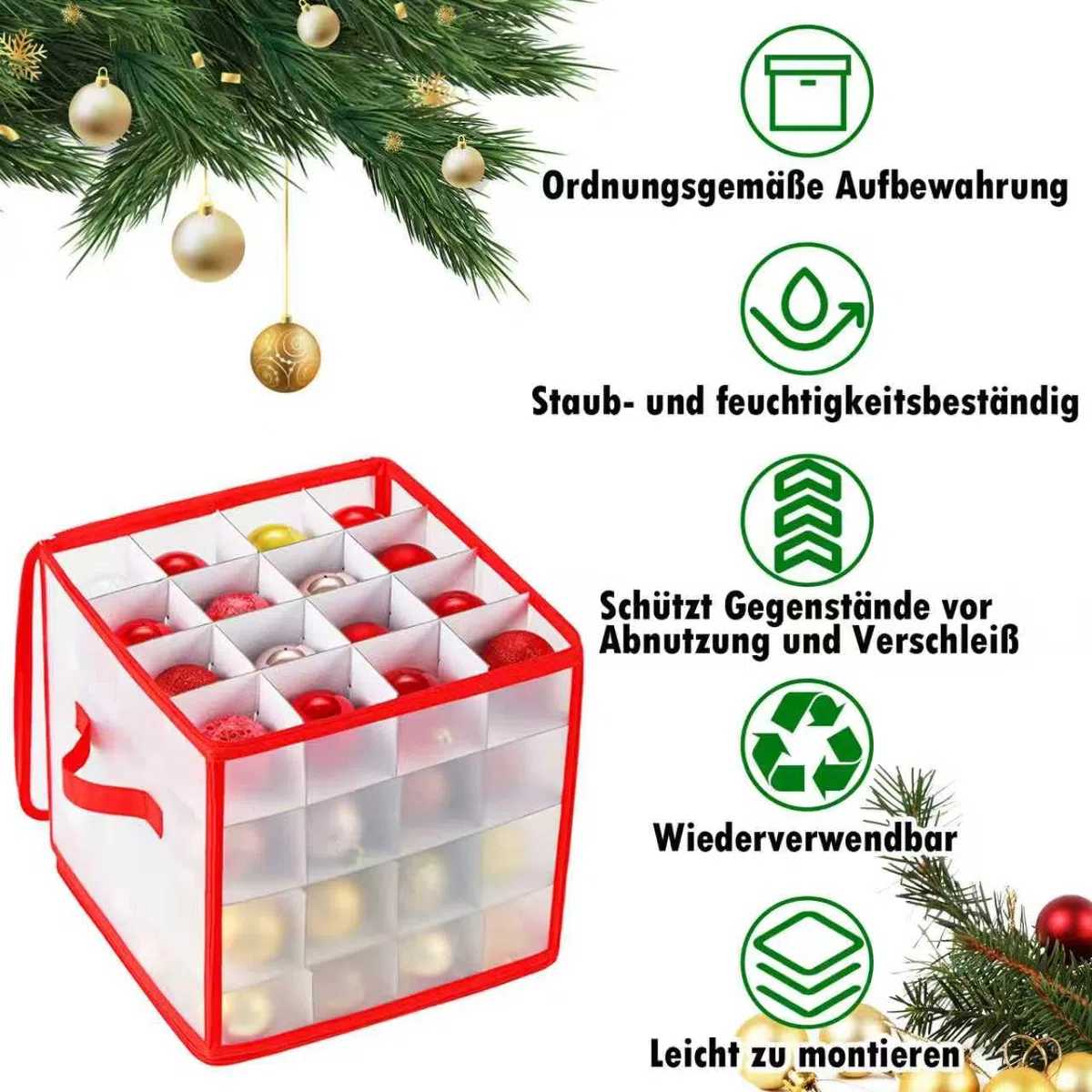 HILKKET Scatola portaoggetti per palline di Natale, scatola per palline di Natale, con divisori regolabili, 64 scomparti, 4 livelli, 2 cerniere