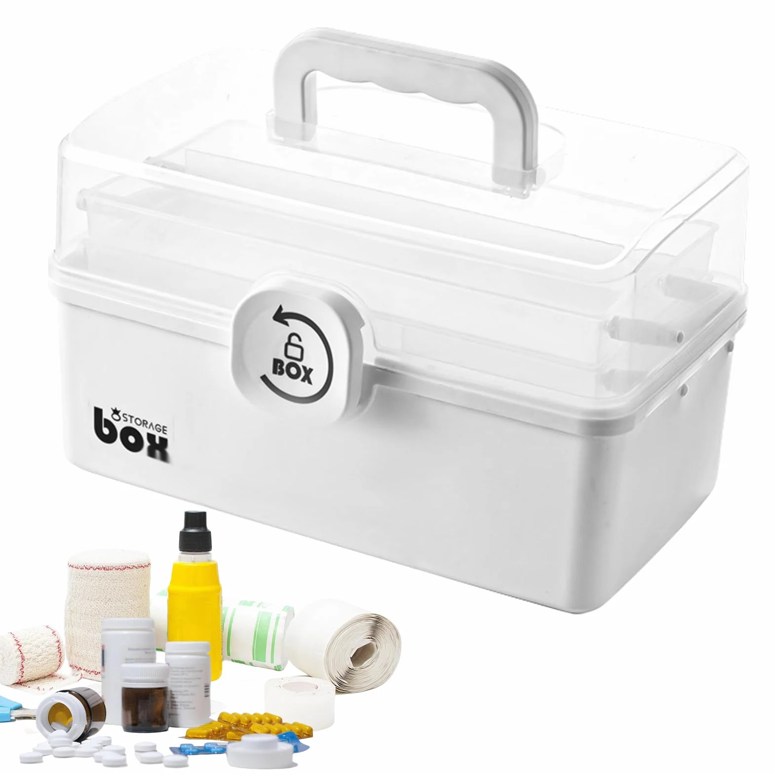 Contenitore per medicinali a 3 livelli, multifunzione, con maniglia per medicinali, per la casa, 29 x 16 x 15,7 cm, bianco, 29*16*15.7CM
