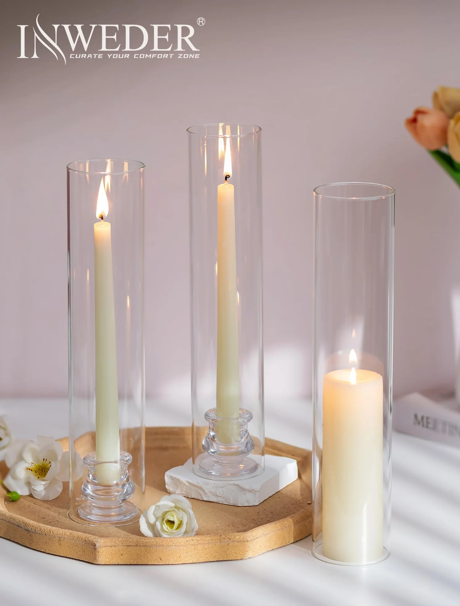 Portacandele in vetro Hurricane, alto 30,5 cm, con coperchio cilindrico antivento, trasparente, per matrimoni, feste, compleanni, Natale, decorazioni per la casa, set di 2