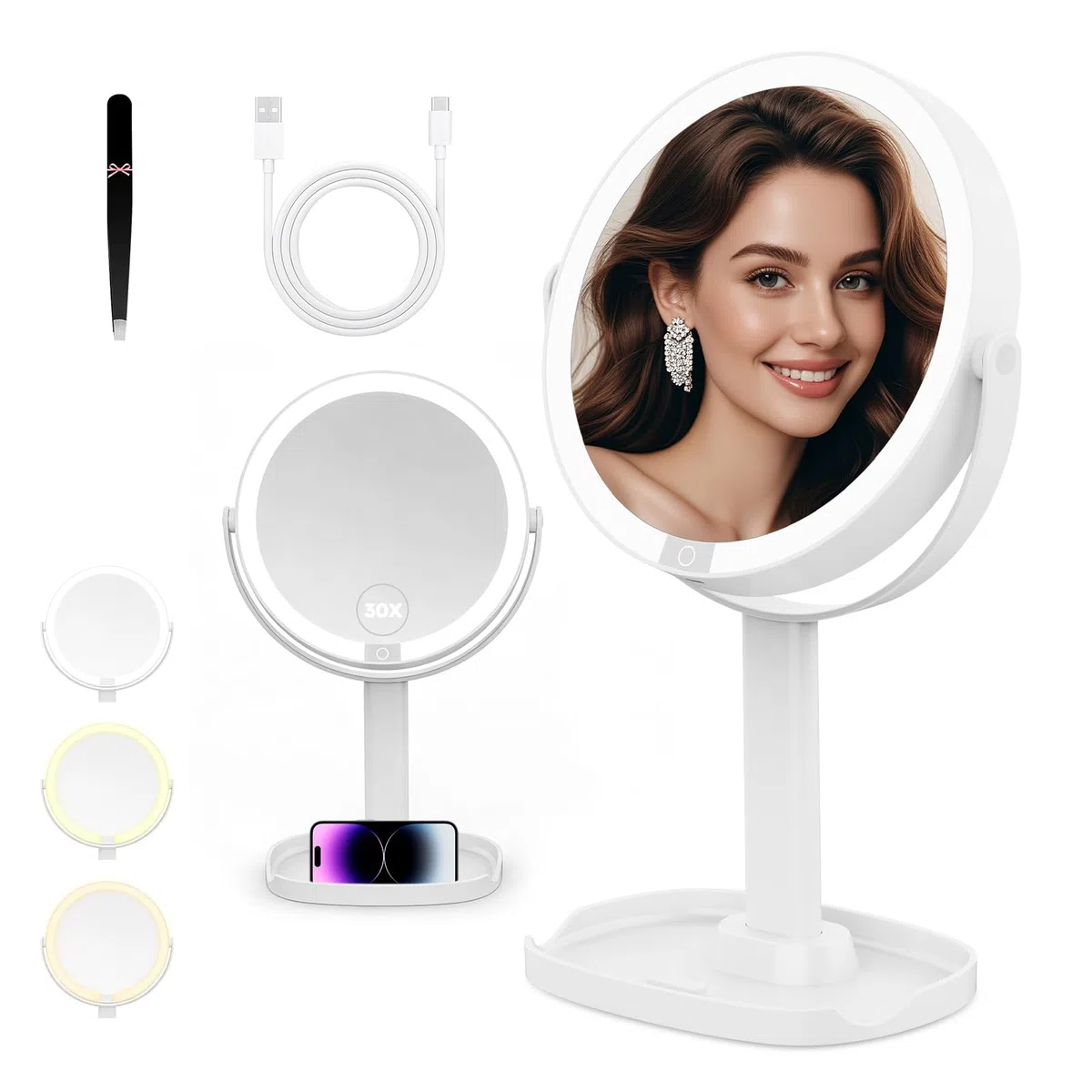 Sprifityy Specchio Trucco con Luci,30X/1X a doppia faccia specchio d'ingrandimento,Specchio ingranditore ricaricabile con luce,3 modalità di colore e luminosità regolabile, con tweeezer
