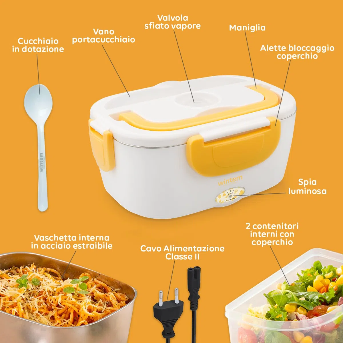 Wintem - Porta Pranzo Termico Elettrico 1,5L con Contenitori in Acciaio Inox, Riscaldamento 30 Min, Comparti Separati, Ideale per Ufficio, Viaggi e Pausa Pranzo Fuori Casa