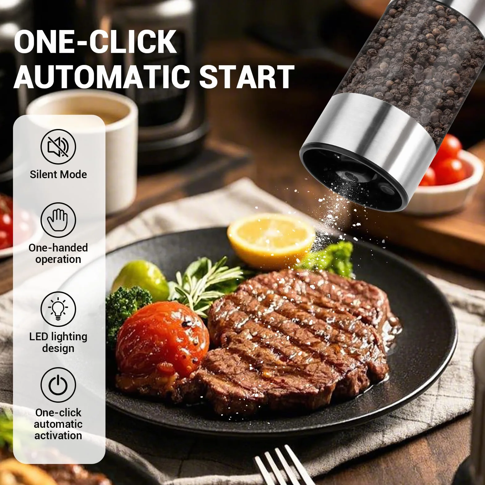 Set macina sale e pepe elettrico,Macinapepe automatici,Macina spezie con macinino in ceramica regolabile con granulometria regolabile,acciaio inox,per cucina e barbecuegrana - Argento