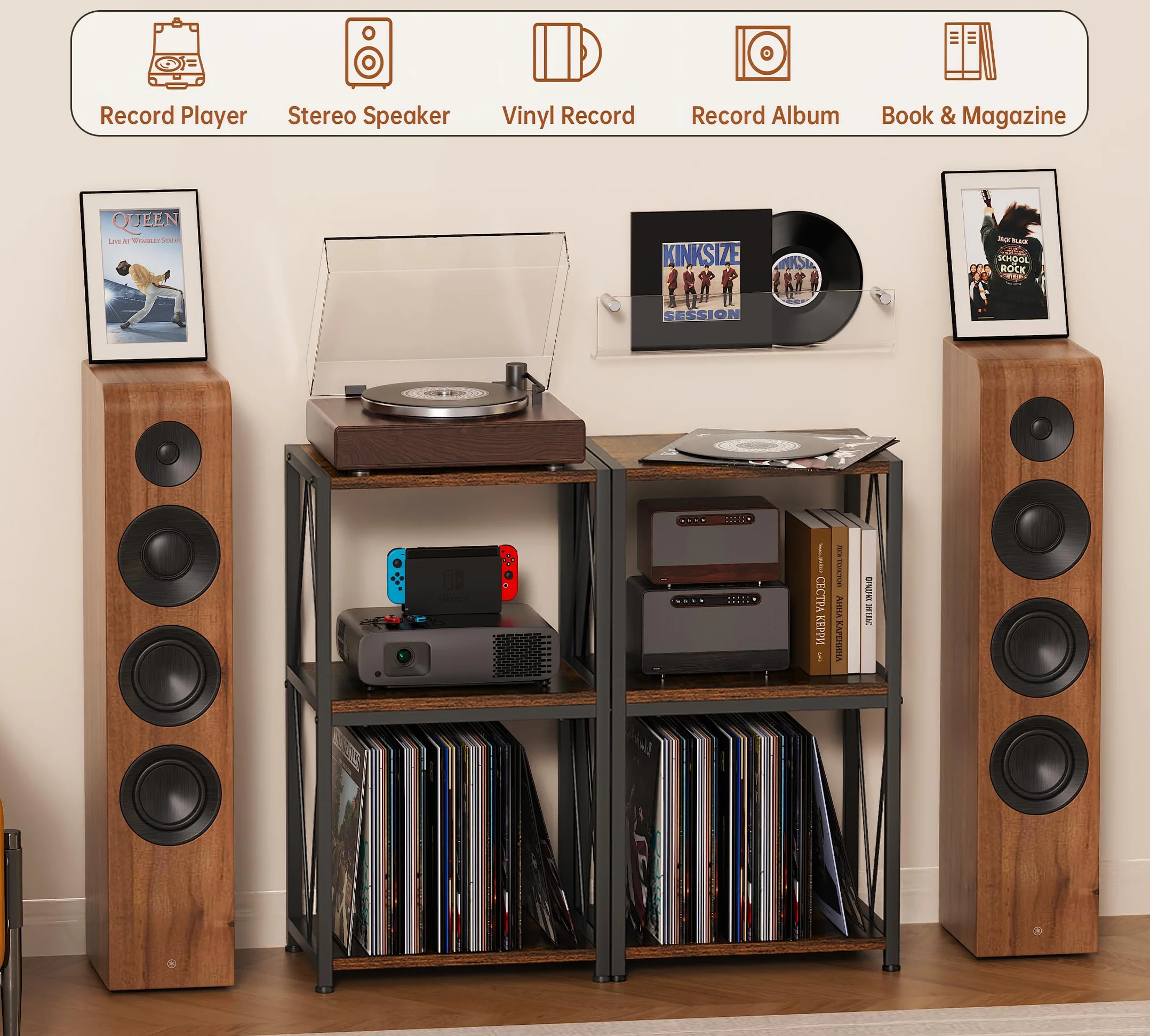 HFHOME Tavolino per dischi in vinile a 3 ripiani, armadietto per giradischi per riporre e esporre vinili, supporto per giradischi in soggiorno, camera da letto, sala musica
