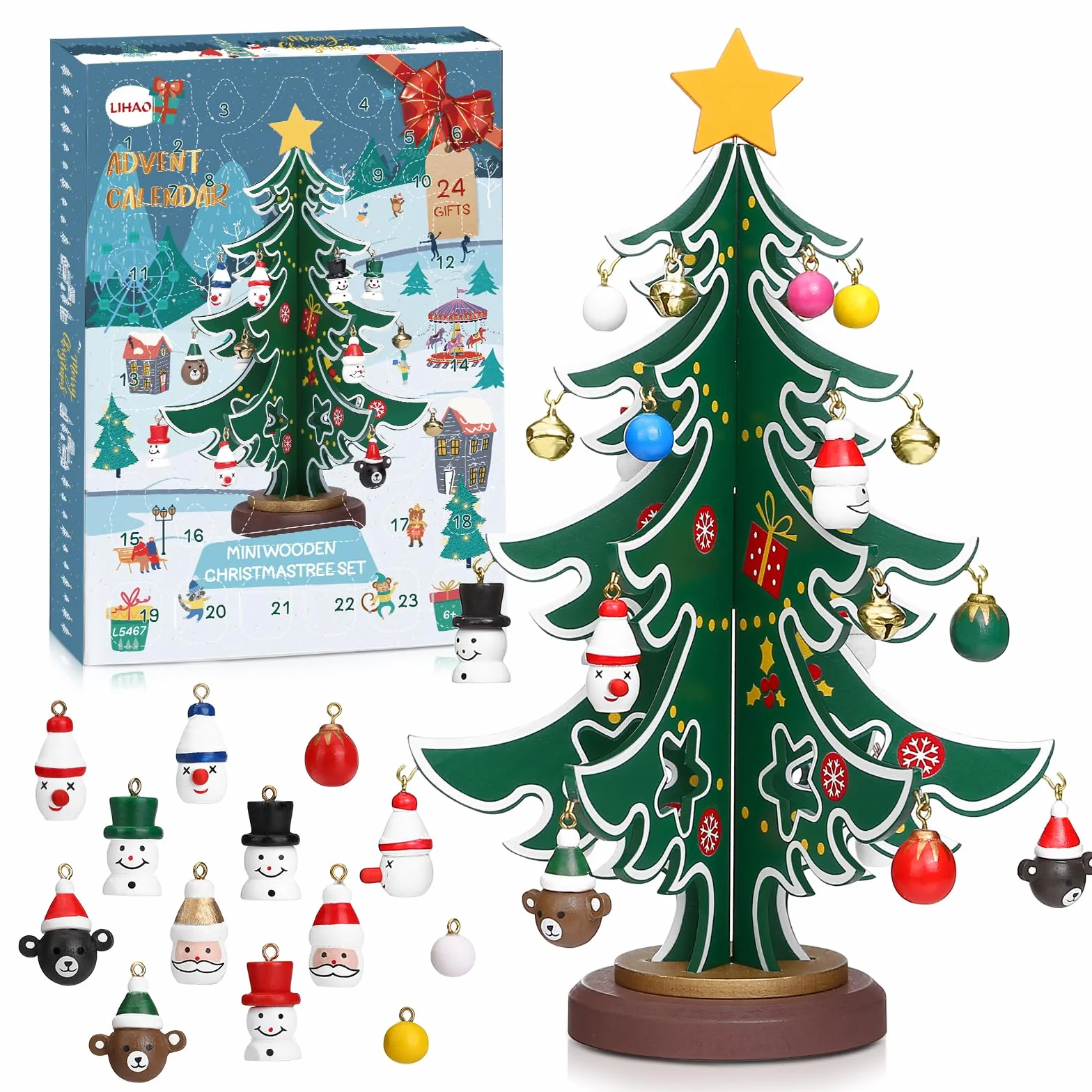 LIHAO Calendario dell'Avvento 2026, Mini Albero di Natale in Legno con 24 Ornamenti Pendenti Decorazione Natale Conto alla Rovescia DIY Regalo di Natale per Bambini Adulti
