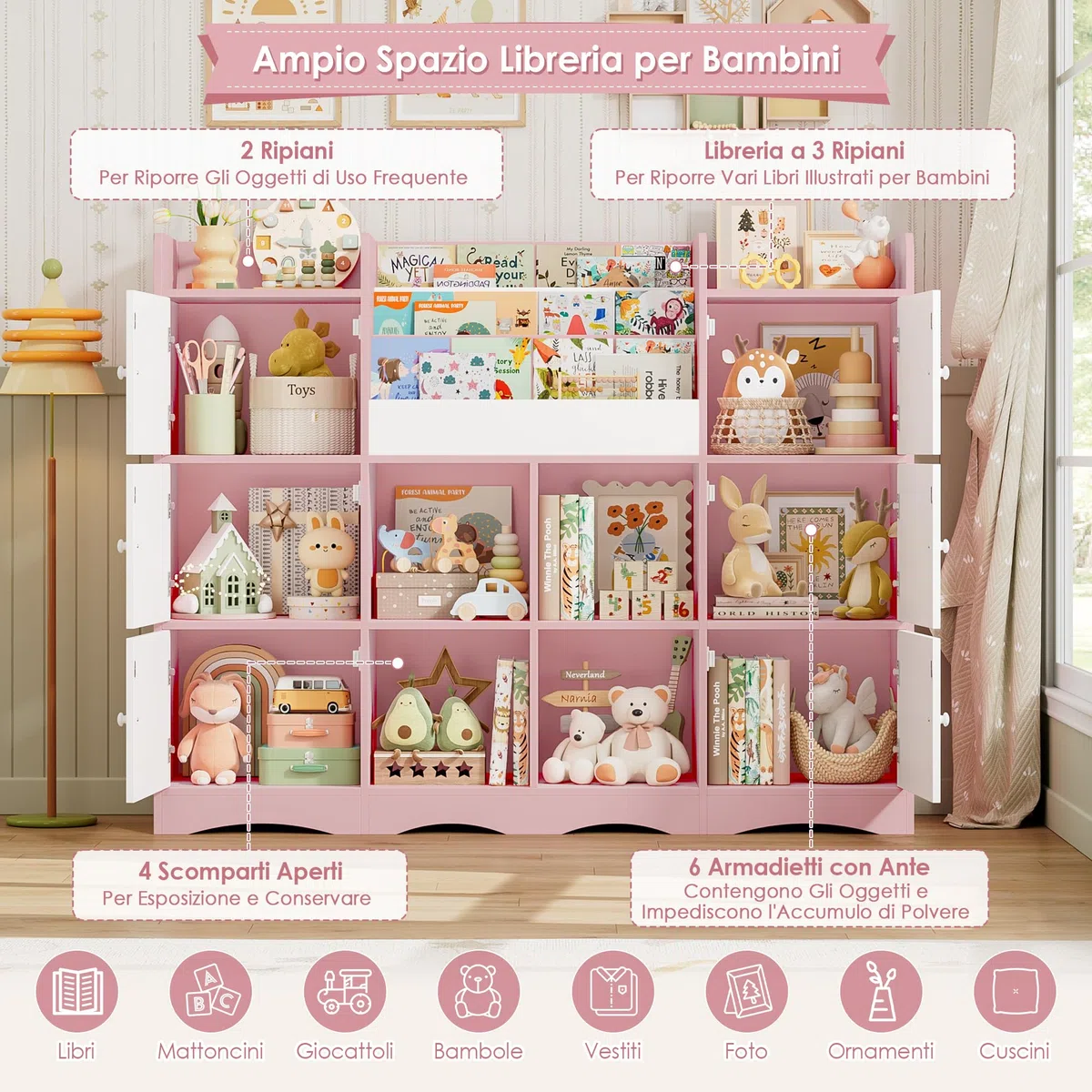 FOREHILL Organizer Giocattoli, Porta Giochi Bambini a 6 Scomparti con Ante, Mobile Porta Giochi a 4 Vani Portaoggetti Aperti, con Portariviste, per Cameretta e Sala Giochi, 140x30x106 cm (Rosa)