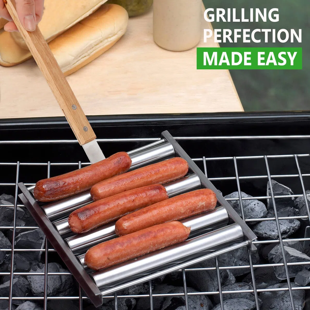KAYCROWN Rullo per Hot Dog in Acciaio Inox Con Manico in Legno Extra Lungo, Barbecue per Cottura Uniforme, Capacità 5 Hot Dog