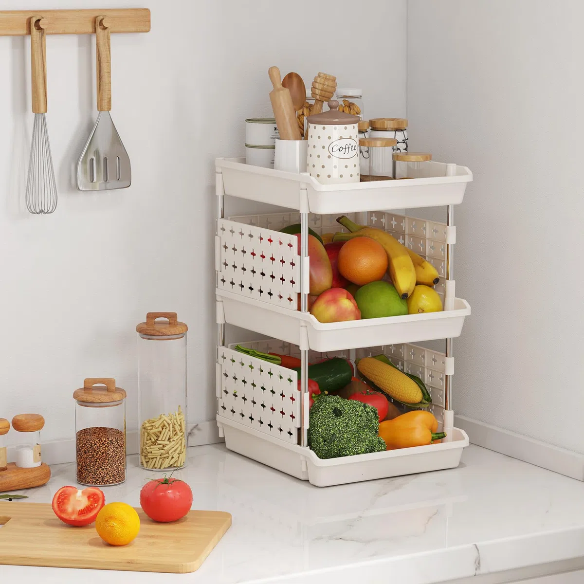 Lifewit Cassetti Impilabili, Plastica Scaffale Portaoggetti Cucina Cassettiera Armadio Interna, Organizer Portaoggetti, 35 x 30 x 54 cm, Bianco, 3 Livelli