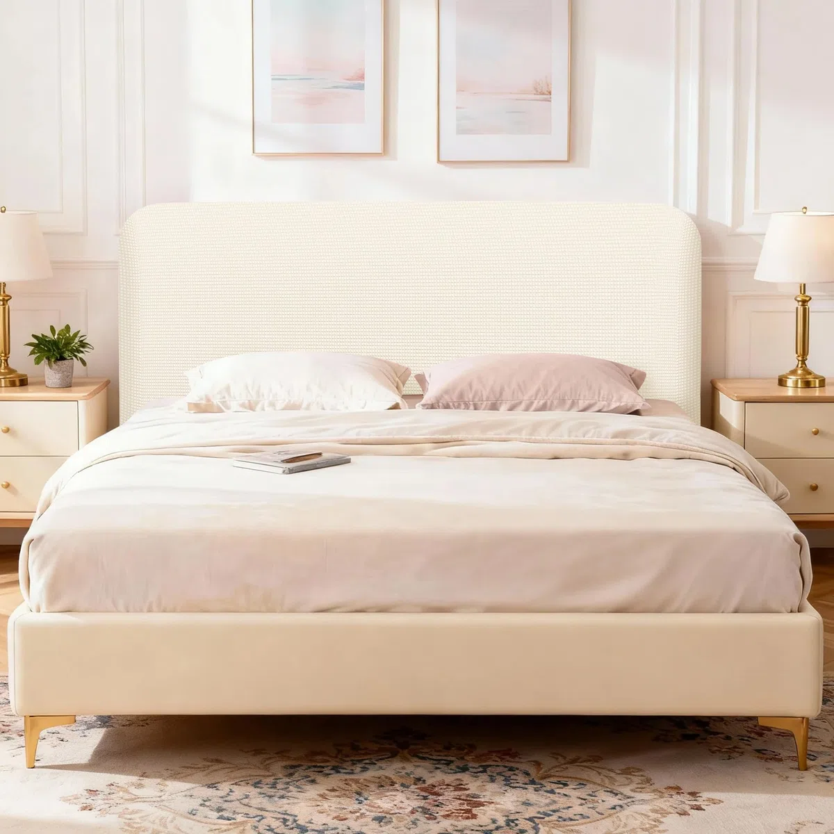 Copri Testiera Letto Elastico Copertura Testiera Letto Forma di Chicco di Mais Rivestimento Antipolvere per Testiere Letto Bianco Sporco 120cm