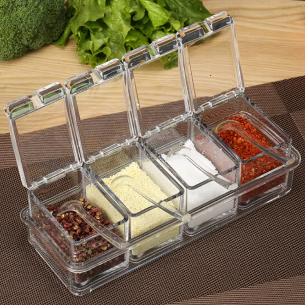 LOYUYU Scatola di Condimento, Condimento Rack Spice Pots, Contenitore di Stoccaggio Condimento Vasi, 4 Pezzi Trasparente Acrilico Cruet Con Coperchio e Cucchiaio Trasparente