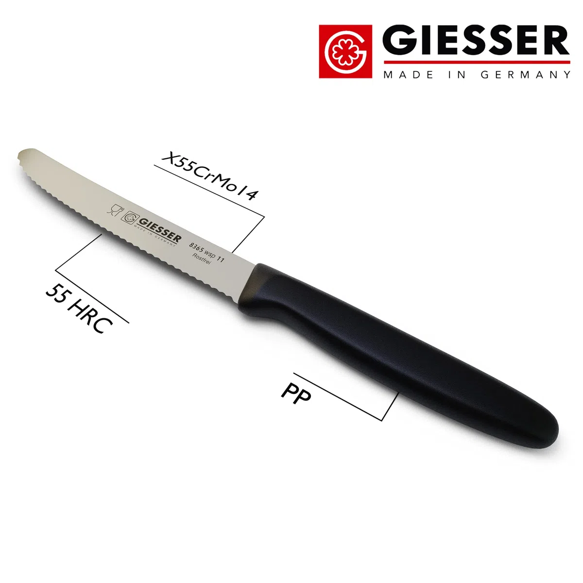 Giesser since 1776 - Made in Germany - Set di 6 coltelli da pomodoro, neri, lama di 11 cm, antiscivolo, piccolo coltello verdura lavabile in lavastoviglie, inossidabile