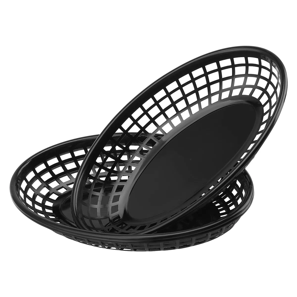 Confezione da 40 cestini ovali in plastica per fast food, per patatine fritte, panini, hamburger, picnic, barbecue, feste, colore nero, 23 x 14,5 x 4 cm