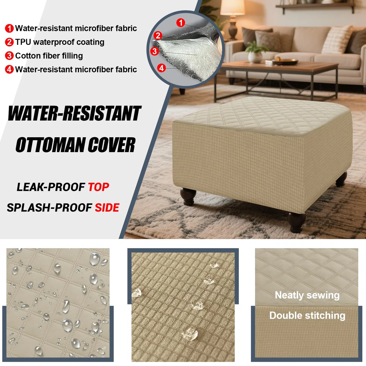 Copri Pouf Quadrata/Rettangolare Impermeabile, Fodera Per Poggiapiedi Elasticizzato Jacquard, Copri Ottomana Antiscivolo Con 2 Cinghie (Beige,1pc Square M)