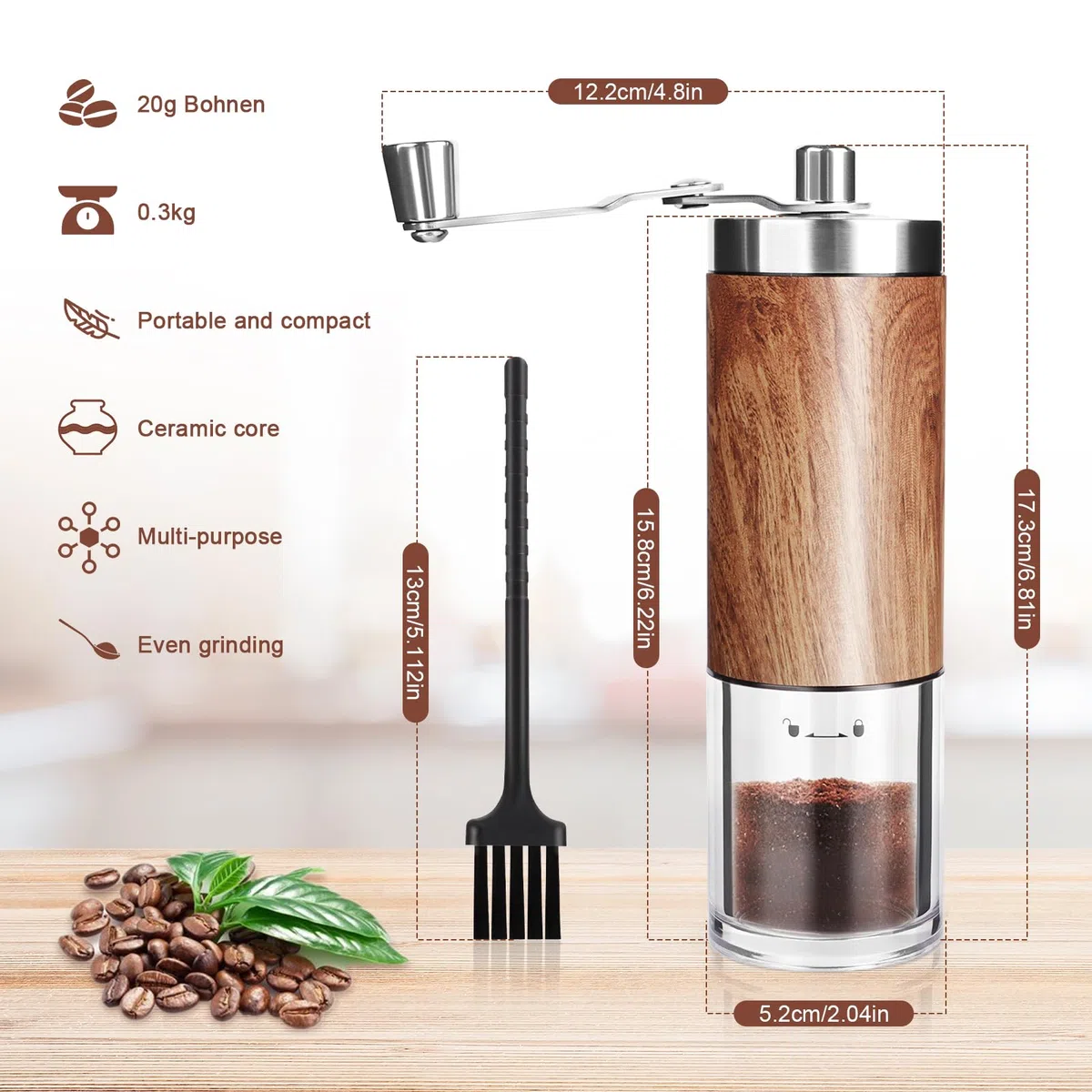 MXTIMWAN Macinacaffè manuale,Macinino caffè,Macinacaffe Portatile Professionale da Mano,Coffee Grinder,Grado di Rettifica Regolabile,Macinacaffè Manuale Viene Fornito Con Spazzola perLa Pulizia