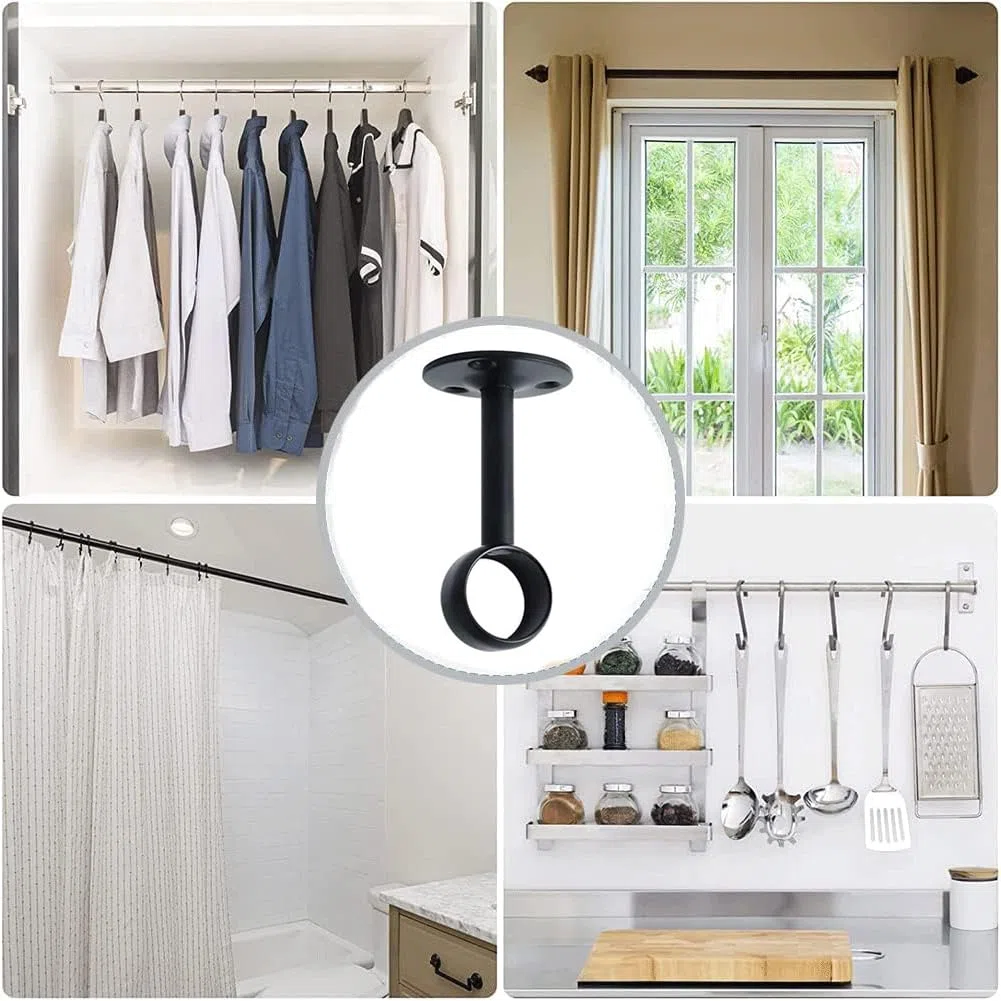 4 Pezzi Staffa di Montaggio a Soffitto, Supporti per Aste per Tende, Staffe per Tende Armadio, con 12 Viti e 12 Tubi di Espansione, per Appendere Traverse da 25 mm, Nero