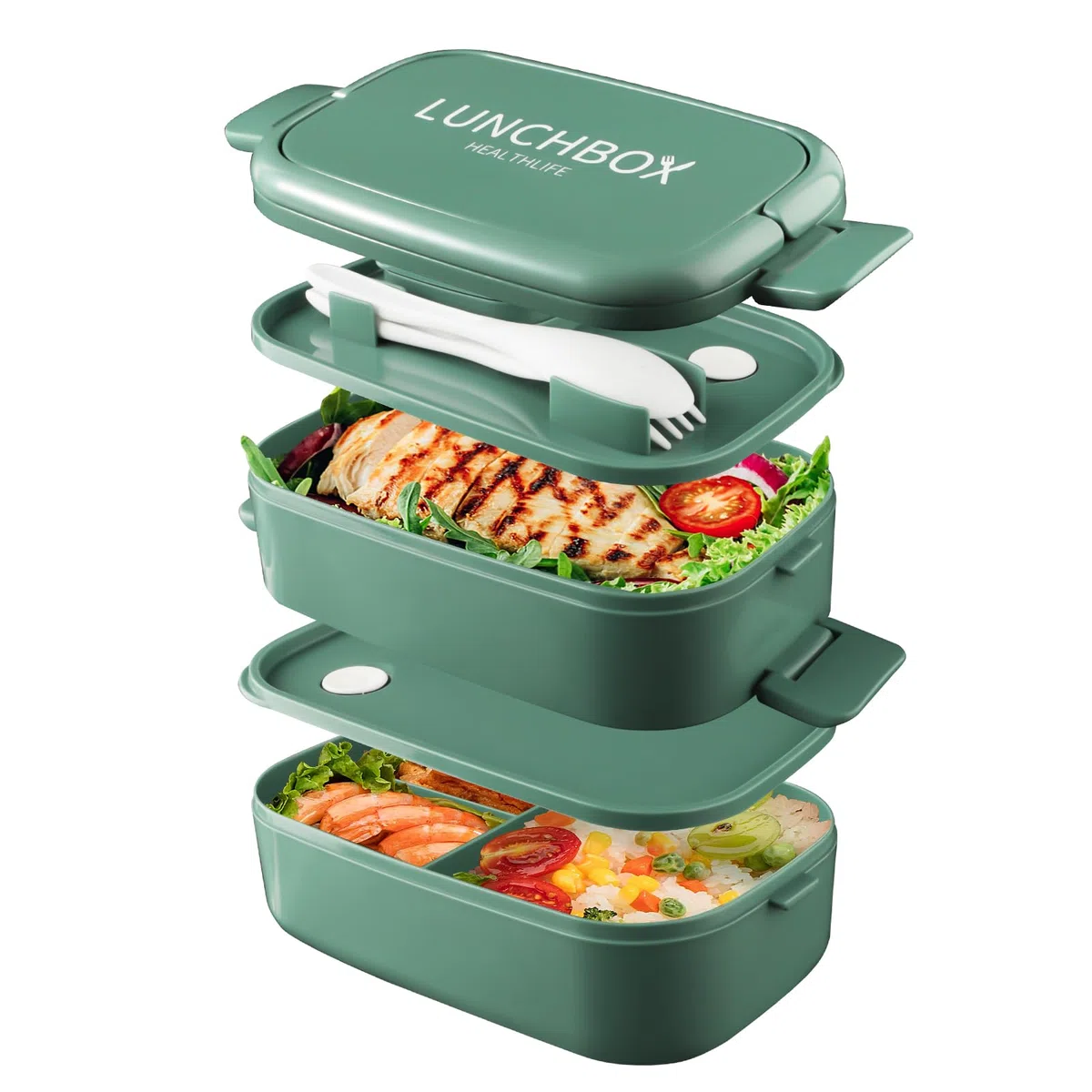 Bento Lunch Box Impilabile,Contenitori da 1400 ml con 4 scomparti e posate, scatole a 2 strati a prova di perdite, per adulti, bambini, ufficio, lavabili in lavastoviglie e microonde (Verde Puro)