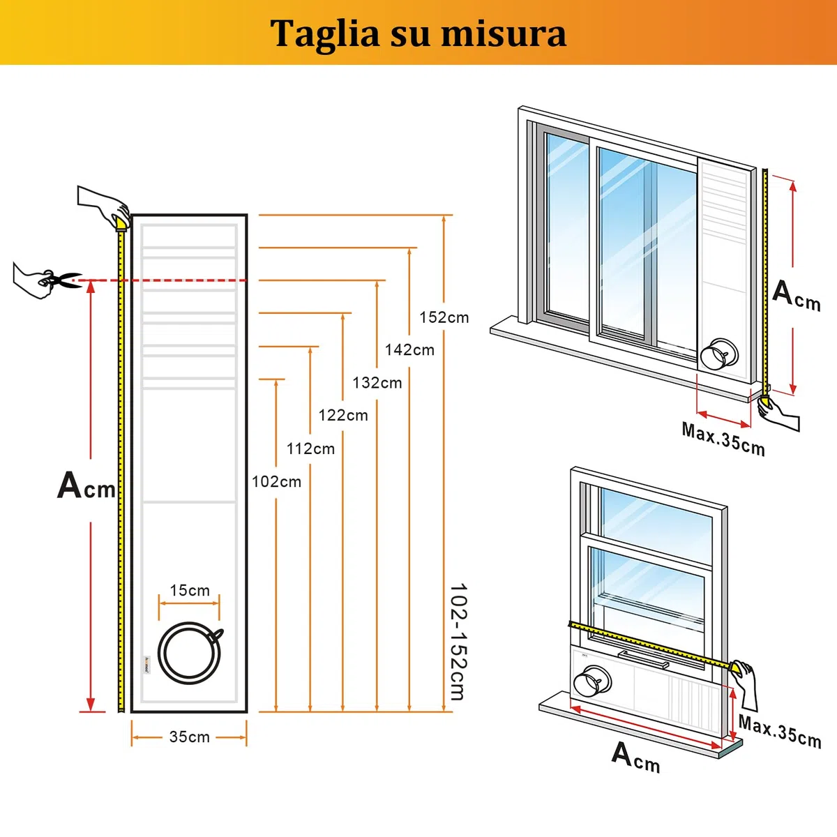 HOOMEE Guarnizione Universale per Finestre Scorrevoli Orizzontali e Verticali per Installazione Condizionatore Portatile – Regolabile da 35x102 Fino a Max 35x152 cm – Facile da Installare