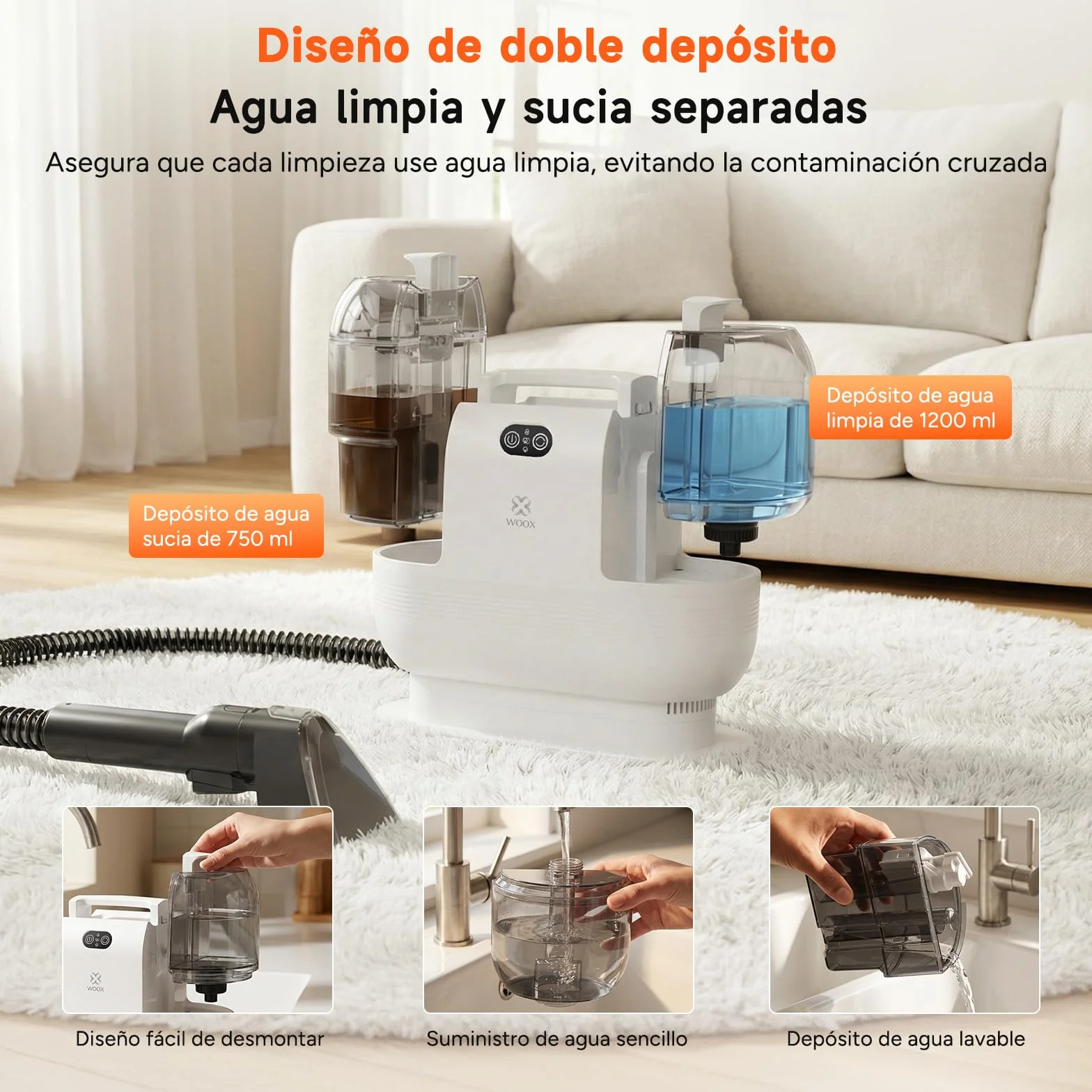WOOX Lavatappeti e Divani Lava e Asciuga, Lavatappezzeria a Vapore e Espira 15Kpa ad alta potenza con accessori esclusivi Pulitore a vapore 2 in 1 per tessuti, auto, macchie, casa