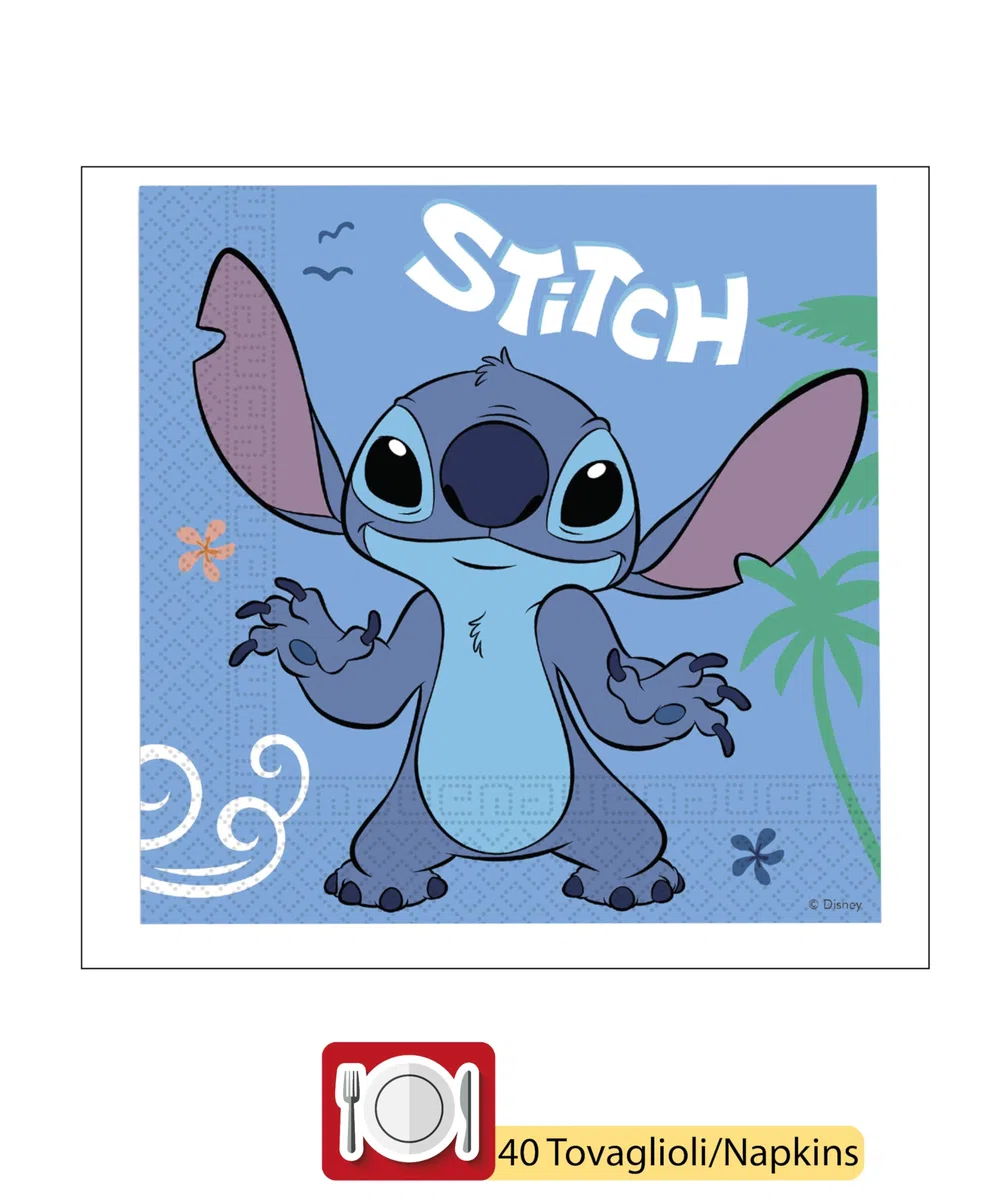 Ciao-Kit Party Tavola Disney Stitch & Angel per 24 persone (88 pezzi: 24 piatti Ø23cm, 24 bicchieri 200ml, 40 tovaglioli 33x33cm) in carta FSC
