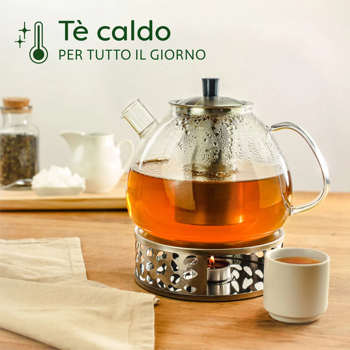 Cosumy Teiera con Infusore con Scaldino - 1,5l Vetro Borosilicato - Lavabile in Lavastoviglie - Resistente al Calore - Grandi Teiera