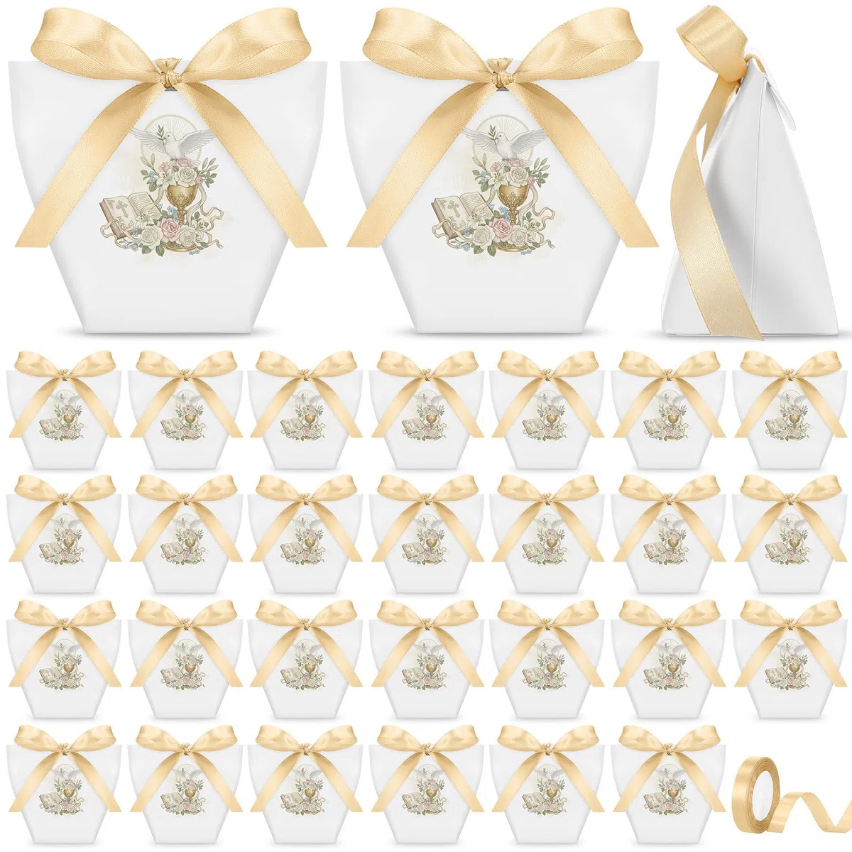 Tenare 50 Pezzi Scatoline Bomboniere Comunione Scatole Portaconfetti Cresima 1 Nastro Dorato Sacchetti Confetti Comunione Regalo per Festa Cresima Battesimo Compleanno Matrimonio