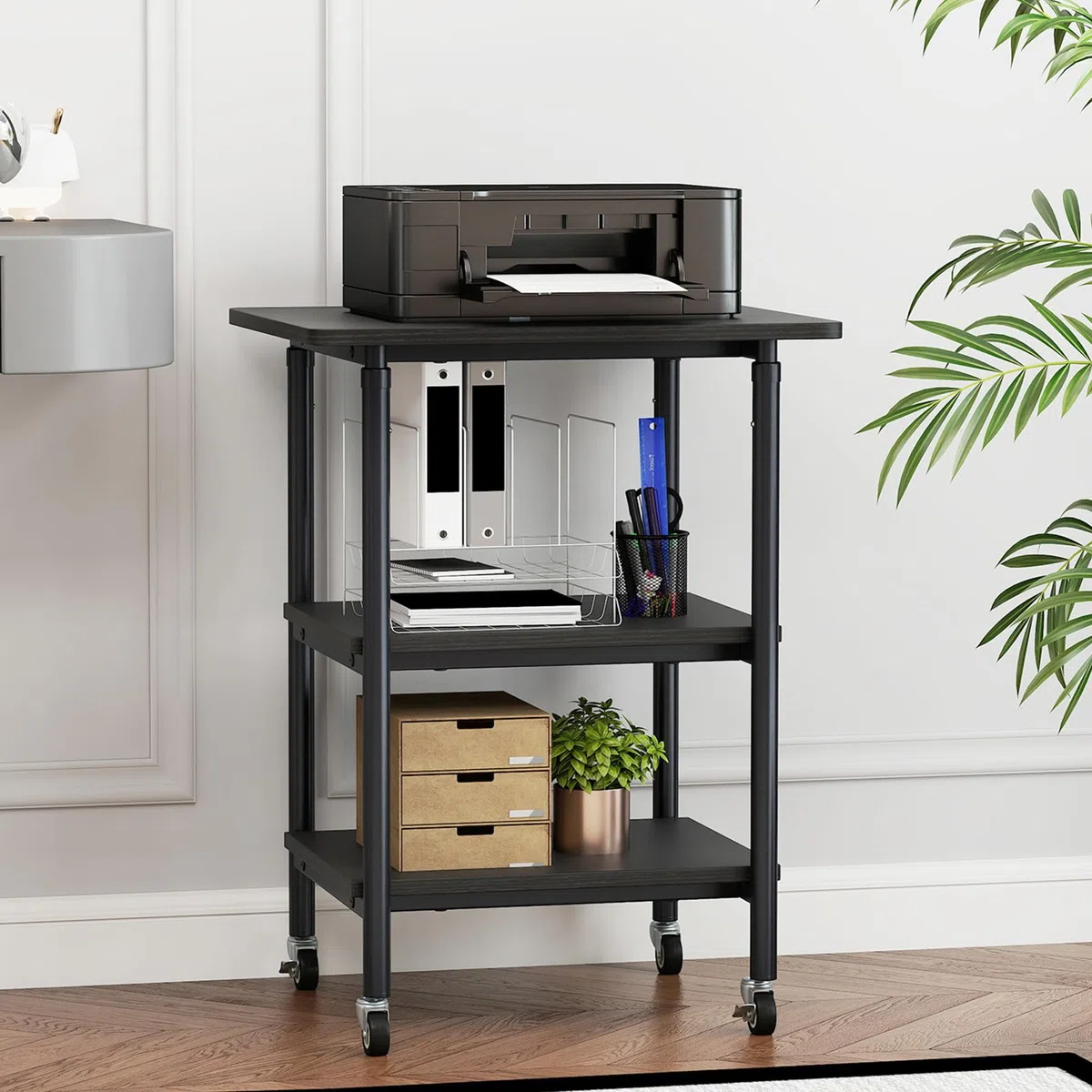 SOARS Supporto per Stampante a 3 Livelli, Tavolino Porta Stampante con Ruote Bloccabili e Altezza Regolabile, per Stampante 3D, Scanner, Fax, per Studio e Ufficio, 49 x 40 x 65/77 cm (Nero)