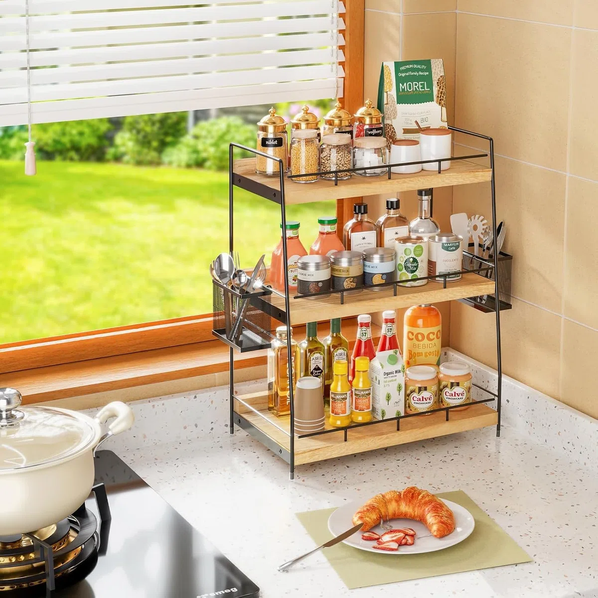 Organizzatore da Banco per il Bagno con 2 Cestini, Contenitori per Cosmetici a 3 Livelli, Piccolo Scaffale in Legno per Spezie, Organizer per Bagno, Scrivania, Ufficio, Cucina, Casa