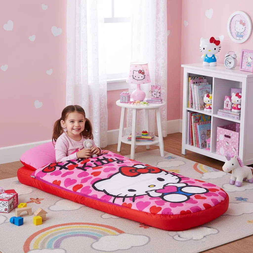 Character World Hello Kitty ReadyBed - Letto gonfiabile per bambini, sacco a pelo con pompa, materasso da viaggio per ragazze, per pigiama party, campeggio o uso domestico
