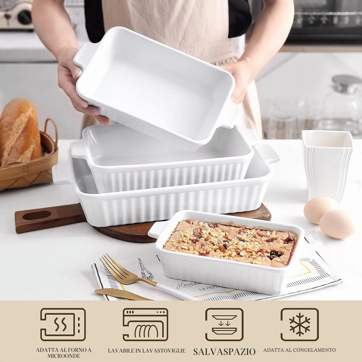 MALACASA Serie BAKE, Pirofile da Forno Rettangolari per Lasagne, Set di 4 Teglie da Forno in Ceramica 3020, 2080, 1480, 850 ml, Pirofila Ceramica Grande Antiaderenti Bianca