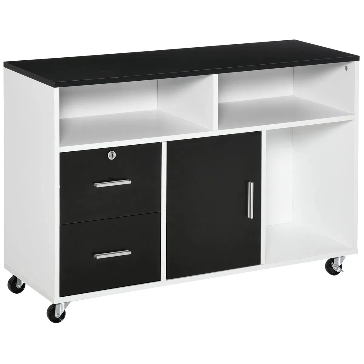 HOMCOM Mobile Porta Stampante a Rotelle con 2 Cassetti Chiudibile a Chiave, 3 Ripiani e Armadietto, Mobile Stampante per Documenti da Ufficio e Studio, 100x35x65 cm, Nero e Bianco