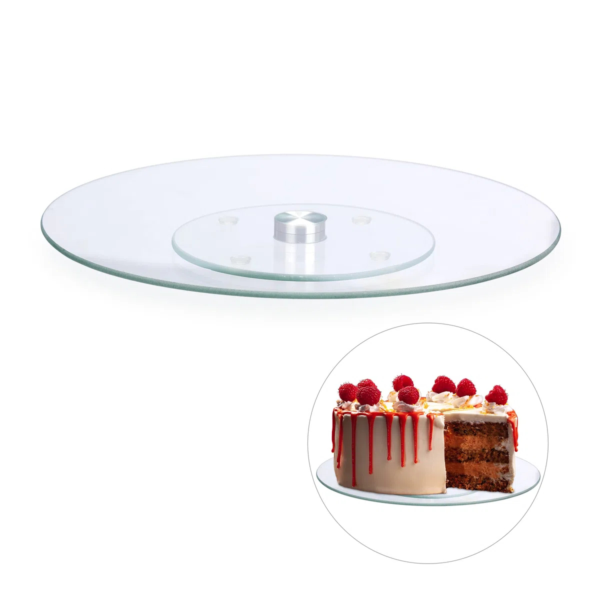 Relaxdays Piatto per Torte, Girevole a 360º, Ø 30cm, per Decorare e Servire, Tortiera Rotonda, Vetro, Trasparente