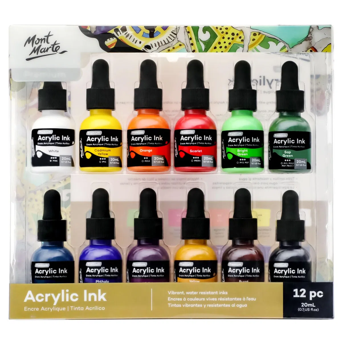 Mont Marte Inchiostro acrilico Premium 12 pezzi x 20 ml (0,7 US fl.oz), inchiostri acrilici per artisti, colori essenziali, ideale per aerografo, arte versata, scrapbooking, disegno a inchiostro