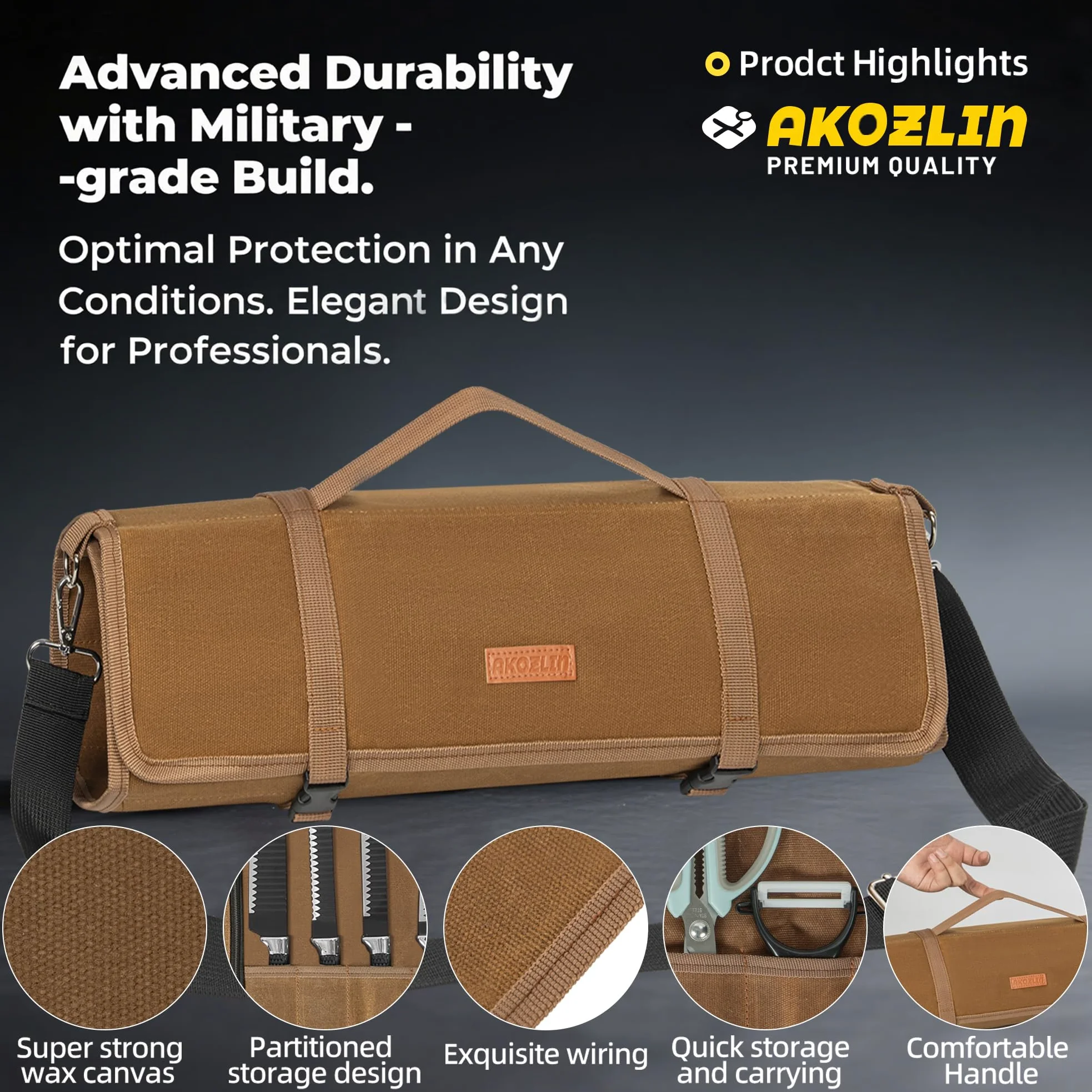 Akozlin Borsa portacoltelli da chef migliorata con 10 scomparti e 1 grande tasca con cerniera in tela cerata, portatile con cinghia regolabile e 30 protezioni per le punte dei coltelli, nero, marrone