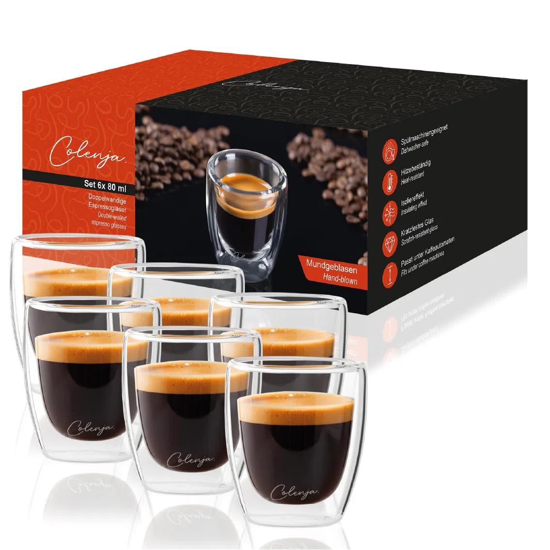 Set di 6 tazzine caffe vetro a doppia parete 80 ml - Bicchieri espresso di alta qualità - Vetro elegante e resistente ai graffi - Idea regalo - Vetro borosilicato - Lavabili in lavastoviglie