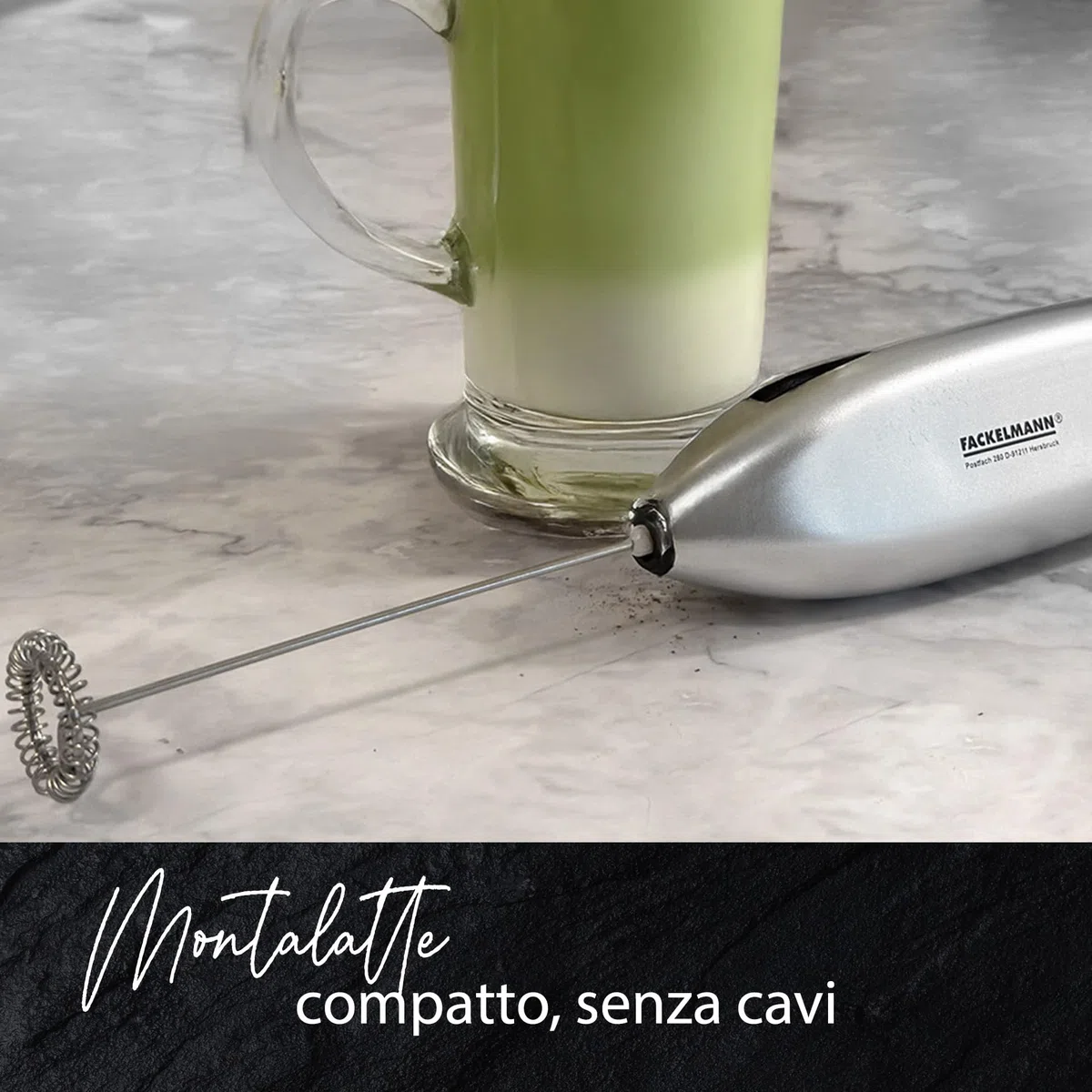 Fackelmann Set Montalatte Portatile e Bollilatte in Acciaio Inox 215ml, Frullino Montacappuccino a Batteria con Frusta Inox per Bevande e Latte Caldo, Versalatte Lavabile in Lavastoviglie