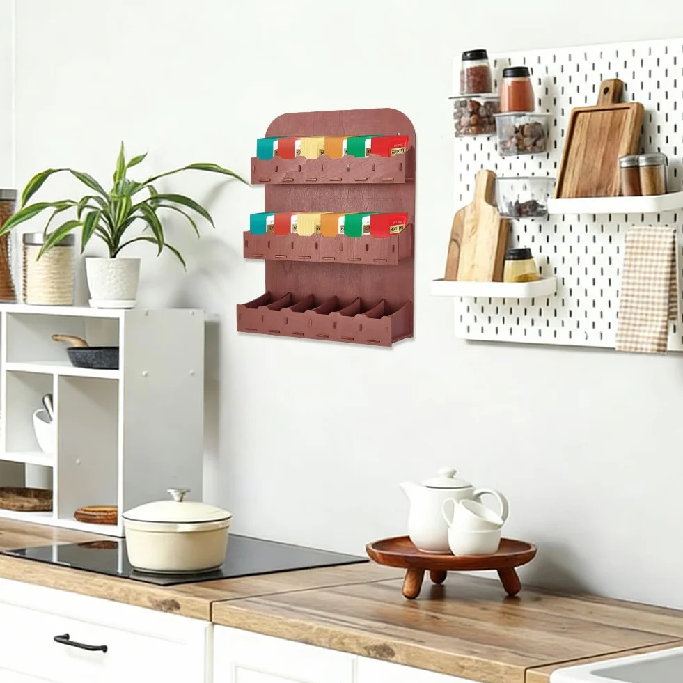 UNICRAFTALE Porta bustine da tè a 3 ripiani, in legno, marrone, verticale, organizer da parete, contenitore per tè, supporto per armadio, piano di lavoro, 27,2 x 9 x 36 cm