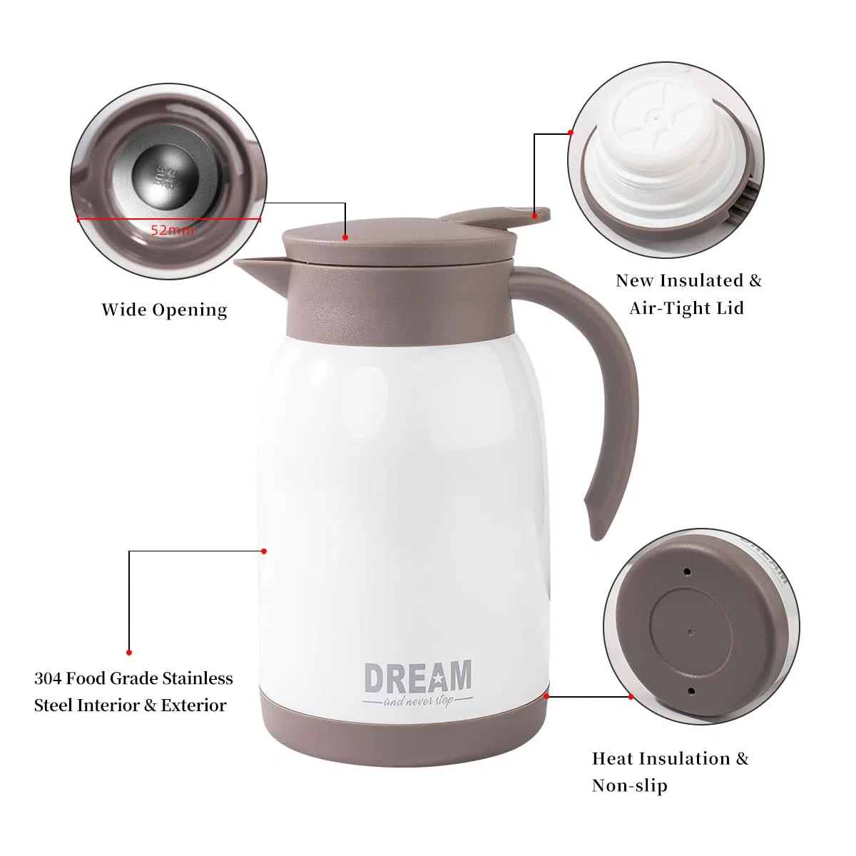 Caraffe per te e caffè,800 ml Caraffa termica da caffè in acciaio inossidabile, isolata sotto Vuoto, con Coperchio a Pressione,conservazione a Freddo o Caldo per più di 12 ore