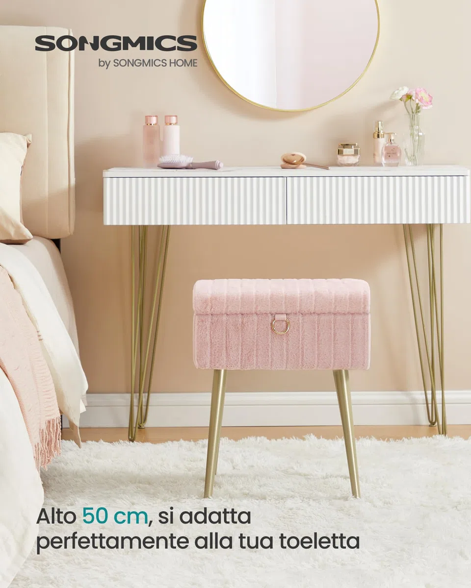 SONGMICS Sgabello da Trucco, Pouf Contenitore, Poggiapiedi, Gambe in Metallo, Imbottito, Piedini Regolabili, Soggiorno Camera da letto Cabina Armadio, Rosa Pastello LOM505SZ02