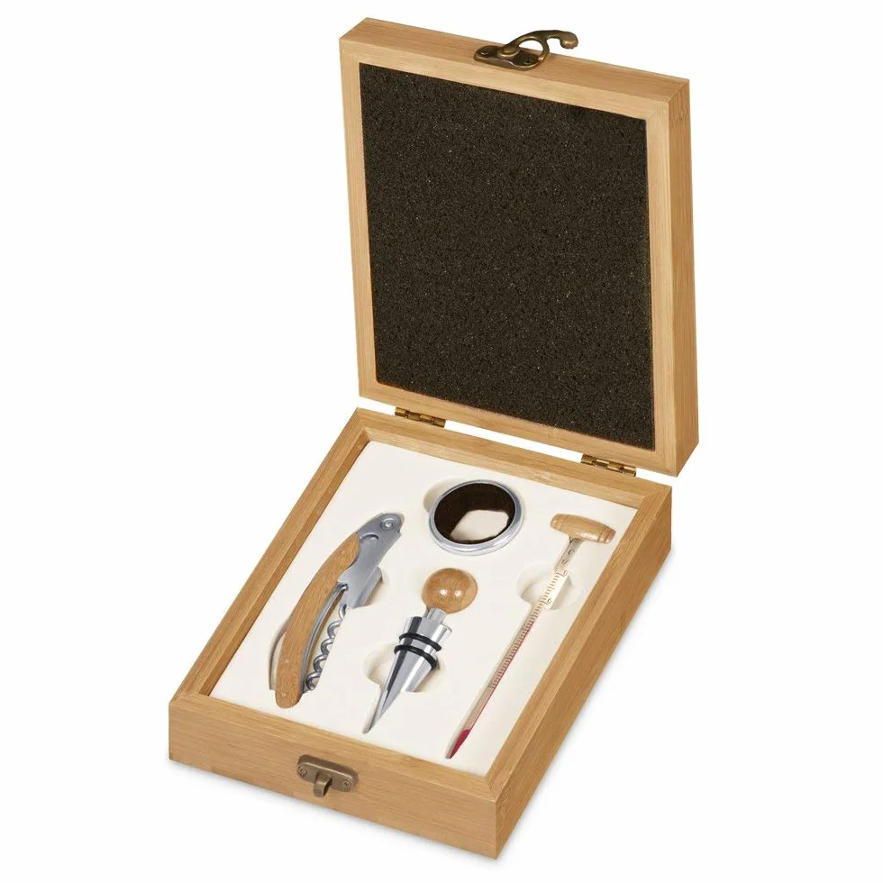 Maverton Set di Accessori da Vino - Kit Cavatappi da Vino Degustazione Perfetta Personalizzato - Scatola in Legno di bambù + 4 Pezzi di Accessori Vino - Regalo Donna - Giorni
