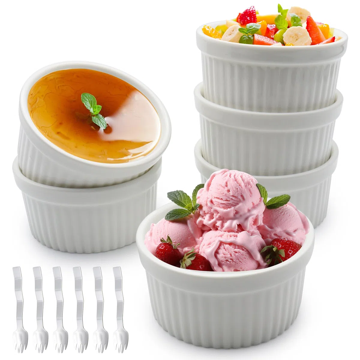 6 Bowl in Ceramica Bianca e 6 Forchette, da 185ml, Cocotte in Porcellana, Pirottini da Forno o per Snack, Cocotte per Crème Brulee, Ideali per Soufflé, Tortino al Cioccolato, Budini ecc..