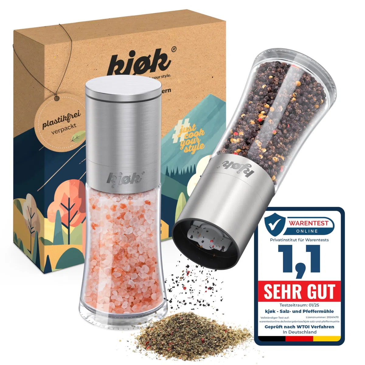 kjøk Set 2 Macinini Sale e Pepe in Acciaio Inox e Vetro – macinapepe manuale con macinazione in ceramica regolabile – senza BPA – per sale, pepe ed erbe essiccate