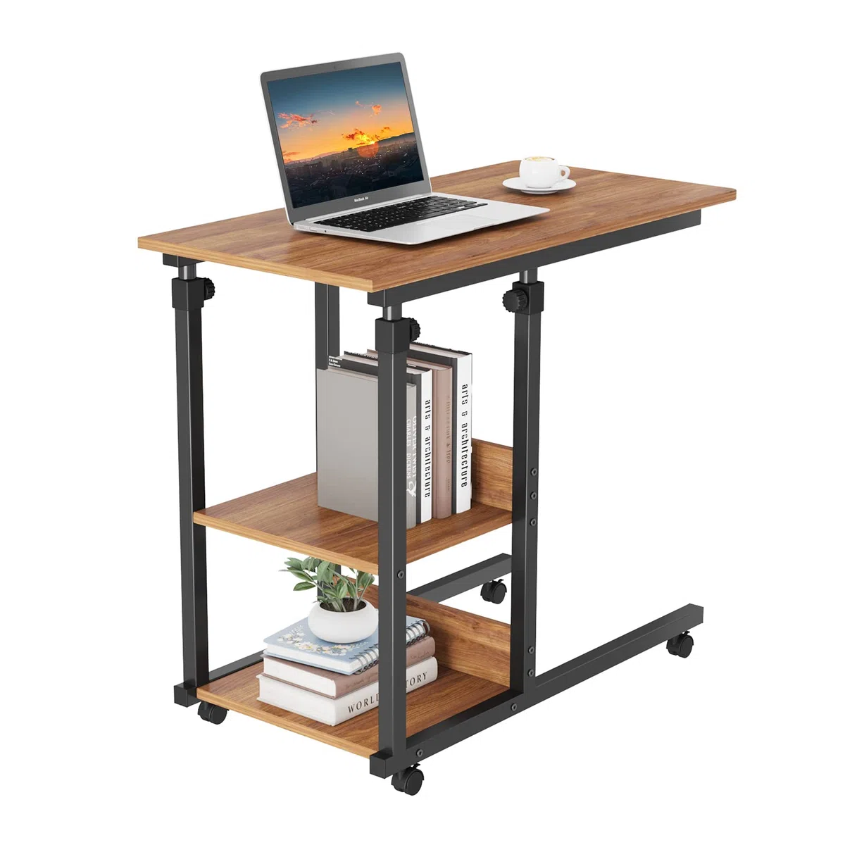 Dripex Scrivania per Computer con Ruote Tavolino 80x40x89 cm Altezza Regolabile Tavolo PC Salvaspazio Mobile per Laptop con Ripiani per comodino, tavolino da caffè, camera da letto (Marrone Scuro)