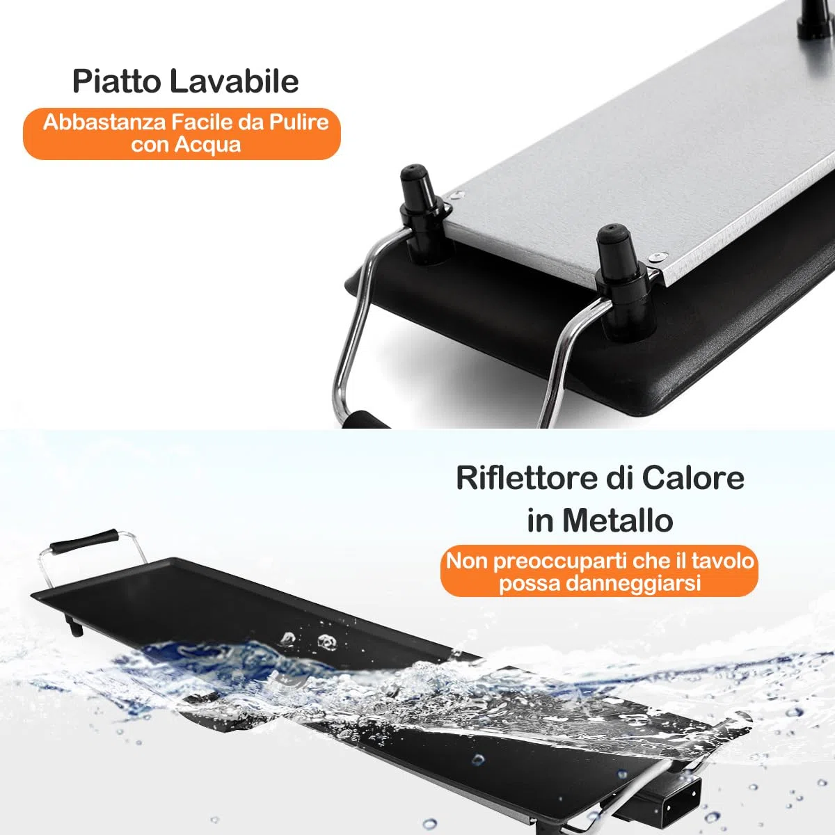 SOARS Piastra Elettrica 1800W, Barbecue Elettrico 5 Livelli di Temperatura, con Rivestimento Antiaderente, 6 Piccolo Supporto per Padella, per Cucinare, Grigliare (Piastra Liscia 90 X 23 CM)