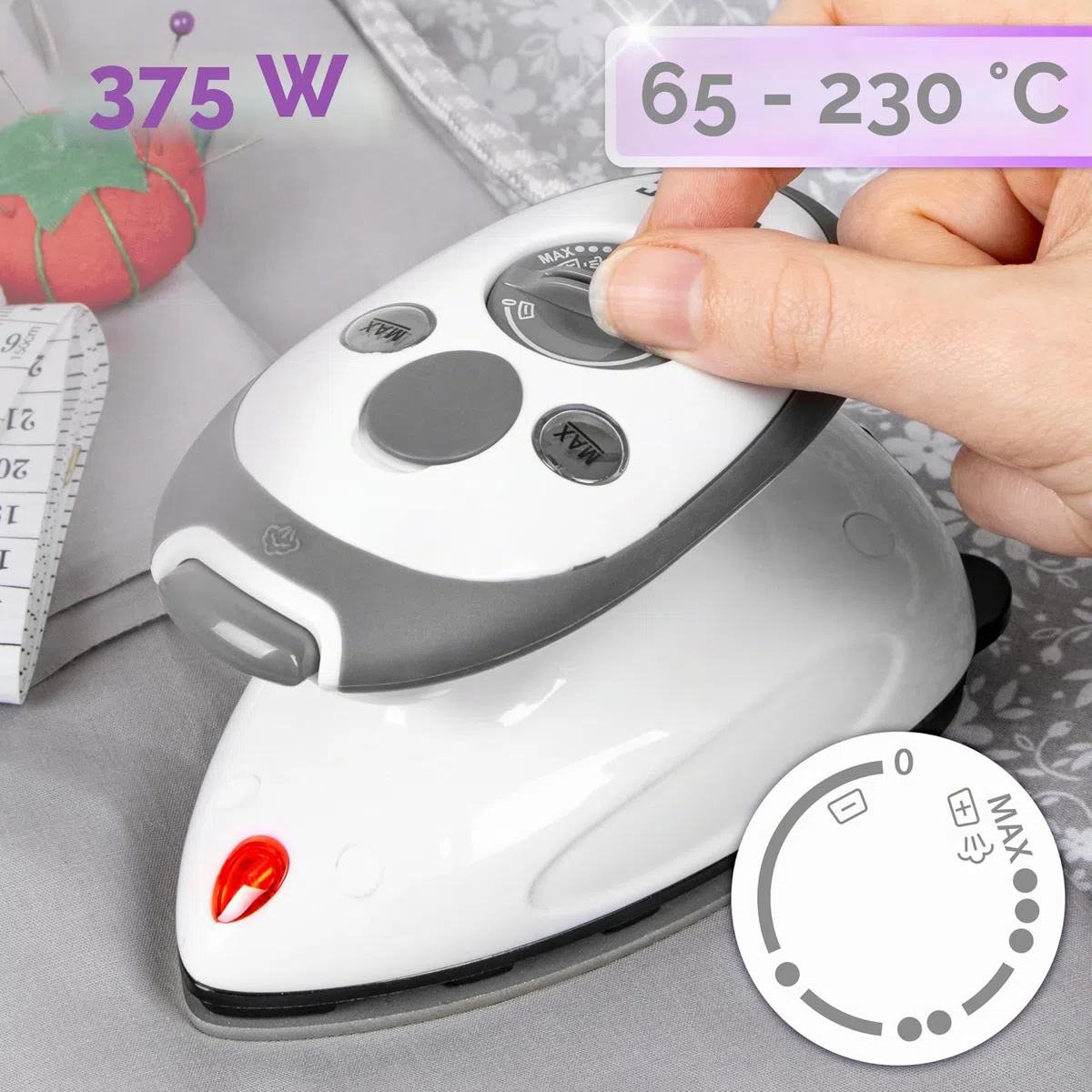 Duronic SI2 WE Mini Ferro da Stiro, Ferro da viaggio a vapore 375 W, Serbatoio 50ml, Steamer portatile con spazzola e borsello da viaggio, Ferro a vapore per lavori di cucito, quilting, Bianco