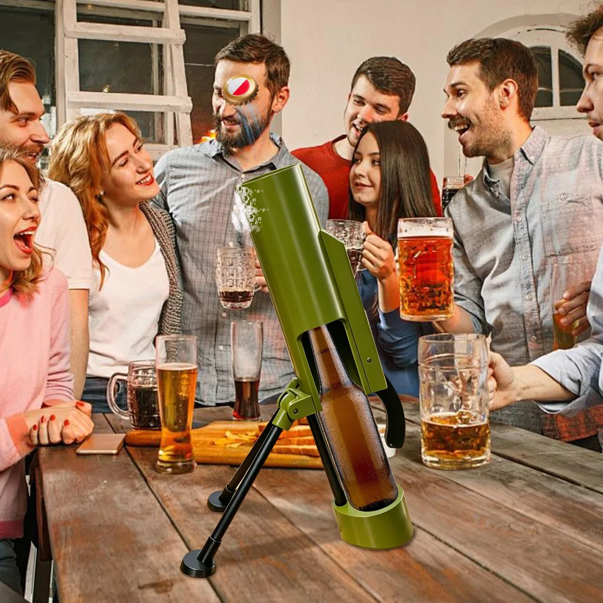 Mortaio apribottiglie da 6 cm, mortaio per birra per bottiglie da 0,33L–0,5L, cannone apribottiglie con lanciatore di tappi a corona