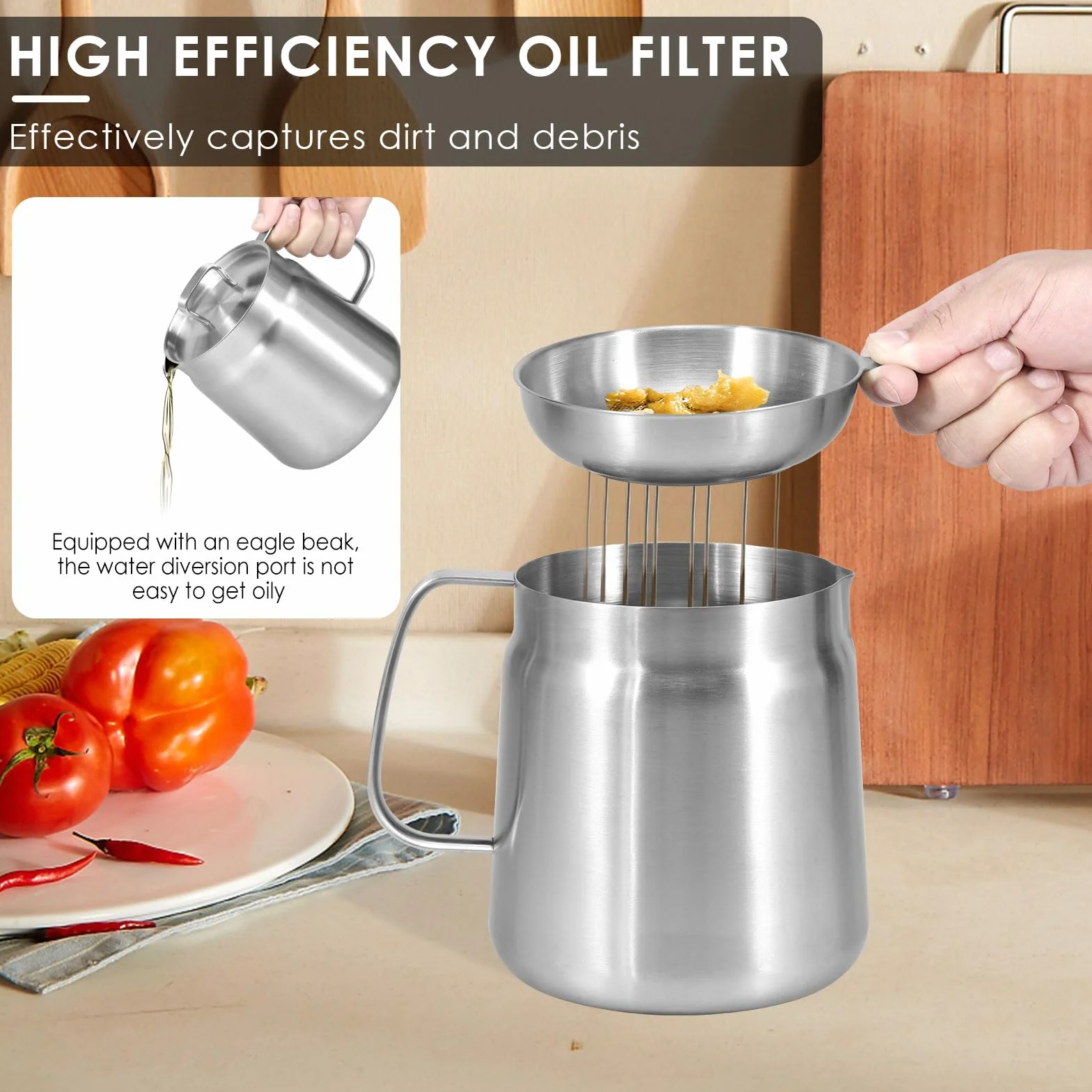 Bacon - Contenitore salva-grasso in acciaio inox, con filtro a rete e cestello, filtro per olio per friggere, filtro antipolvere per grasso (2 l)